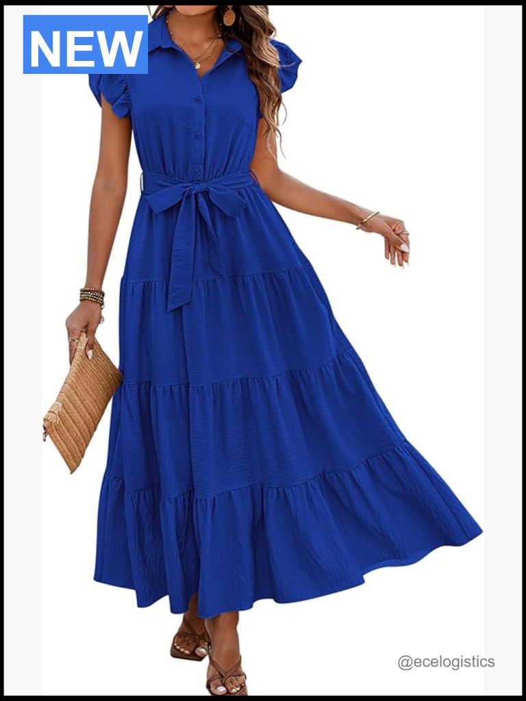 Cap Sleeve V Neck Button Belted Tiered Boho Maxi Dress With Pockets